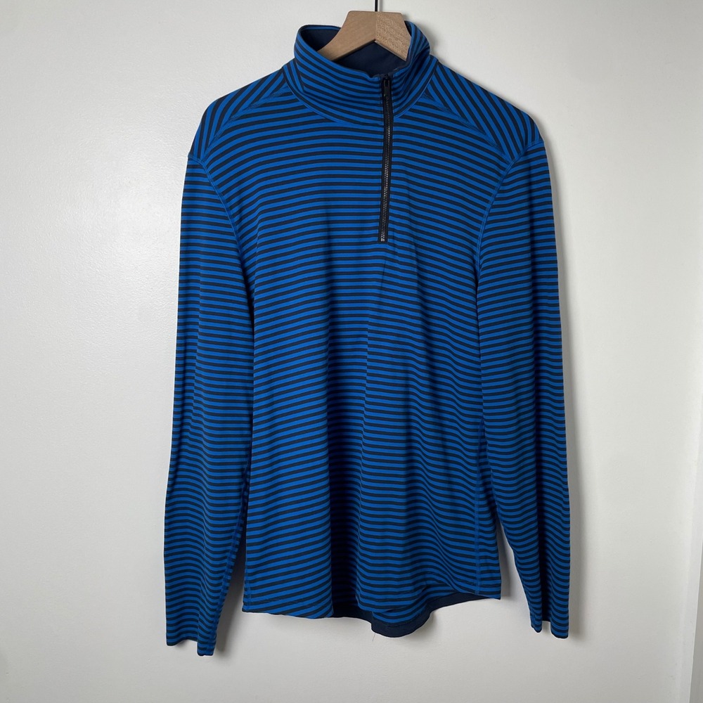 Lululemon Studio Asymmetrical Half Zip Pullover Mens M Blue Striped Long Sleeve